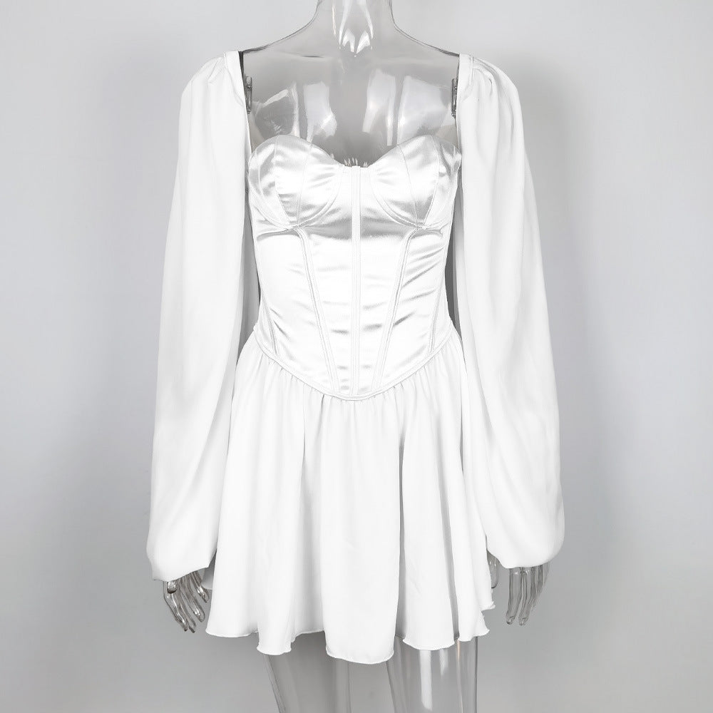 Chiffon Dress, Bodycon Dress, Lantern Sleeve Dress, White Dress